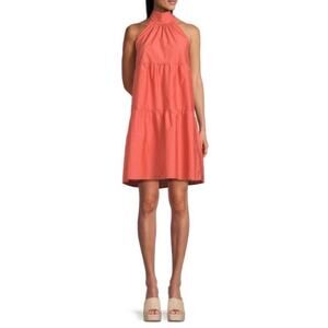 NWT Theory Tiered Halter Neck Mini Dress in Pink Coral Sz L